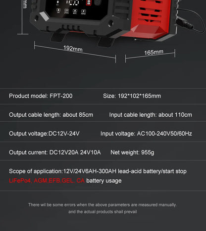20A/10A Car Motorcycle Battery Charger 12V/24V Smart Charger Lithium AGM GEL Lead-Acid LiFePO4 Battery Chargers