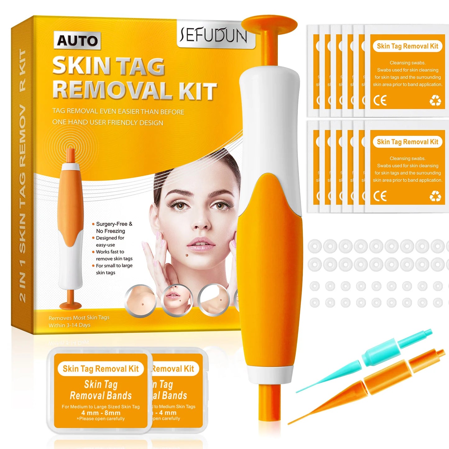 2-IN-1 Auto Skin Tag Removal Tool Kit Painless Skin Label Mole Acne Wart Removal Pen with Cleansing Swabs Facial Skin Care Tool