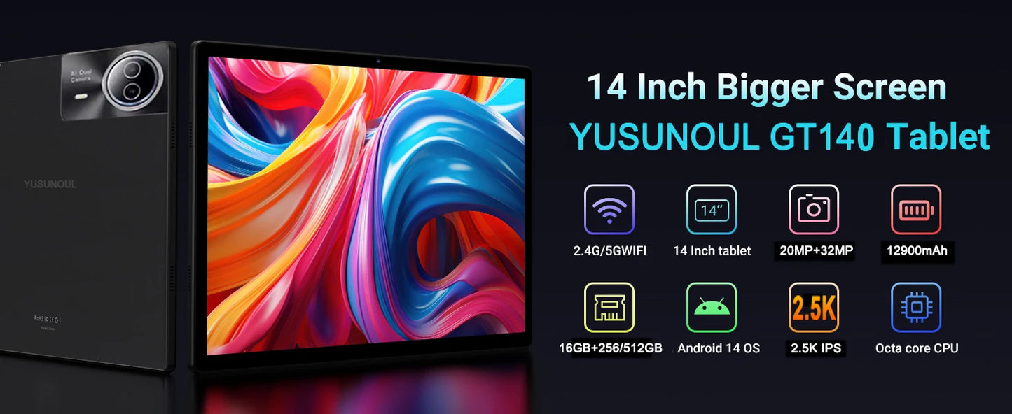 Latest  Large Screen 14 Inch Tablet Pc Android 14 tablet 16+512GB Phone Call BT 5G WiFi Pad For Educational/Sheet music/Kitchen