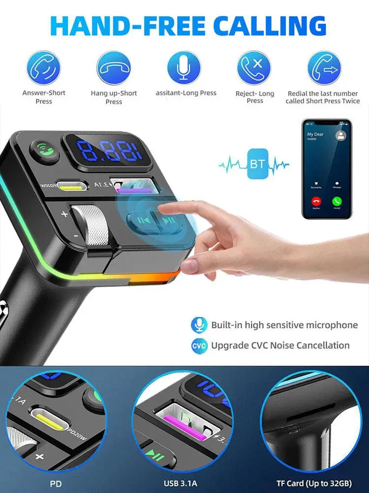 2023 Bluetooth 5.0 FM Transmitter For Car FM/AUX Bluetooth Car Adapter Car Charger Bass Boost 3 Ports Charger Bluetooth Adapter