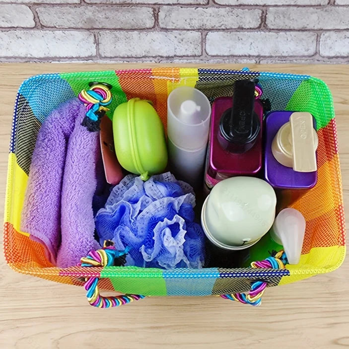 Rainbow woven mesh bath bag portable bath basket folding bath basket Fitness bath bag toiletry bag one package
