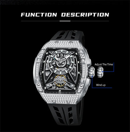 Men Mechanical Winding Watch Montre Homme 2024 New BRUBOSES 5ATM Water Resistant Luminous Tonneau Quartz Wristwatch WIth Diamond