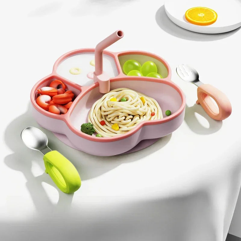 Baby Silicone Dining Plate with Baby Feeding Toddler Training Tableware Straw Cute Cat Claw Child Dishes Kids Plate Dishes Bowl