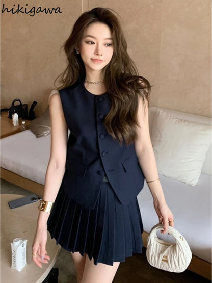 Womans Clothes for 2025 Two Piece Set Sleeveless Tunic Vest Coat High Waist Pleated Mini Skirts Outfits Chic Korean Summer Suit