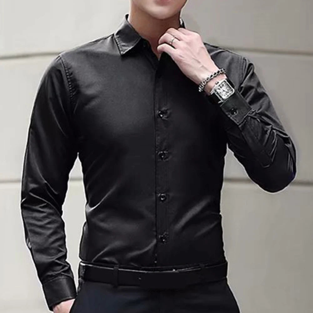 New Men\'s Long Sleeve Drill Button Shirts Tight Business Formal Social Wrinkle Lapel Casual Solid Simple Fashion Male T-shirts