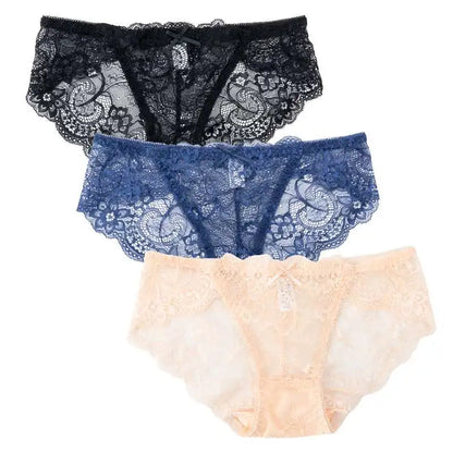3PCS Hollow Out See Through Underpants Comfortable Briefs Sexy Ladies Lace Transparent Panties Low-Rise Lingerie
