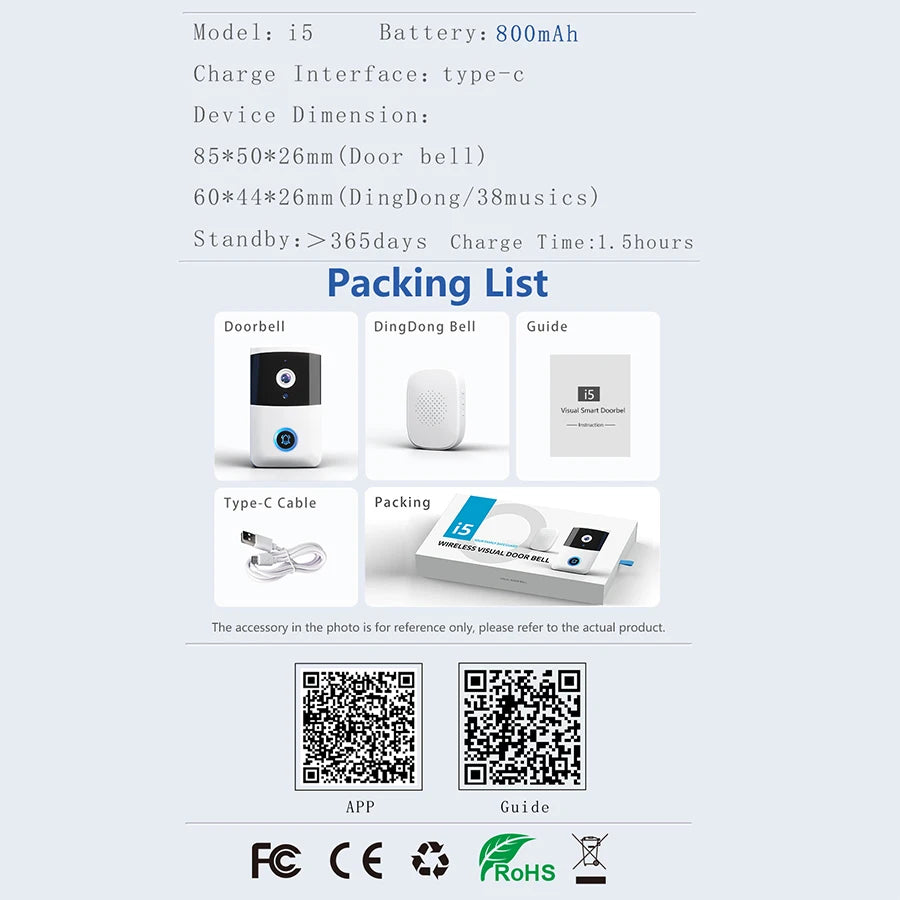 WiFi Doorbell One Way Wakeup Wireless Video Doorbell with Camera and Audio Suitable for Outdoor, Indoor Smart Home Doorbells