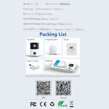 WiFi Doorbell One Way Wakeup Wireless Video Doorbell with Camera and Audio Suitable for Outdoor, Indoor Smart Home Doorbells