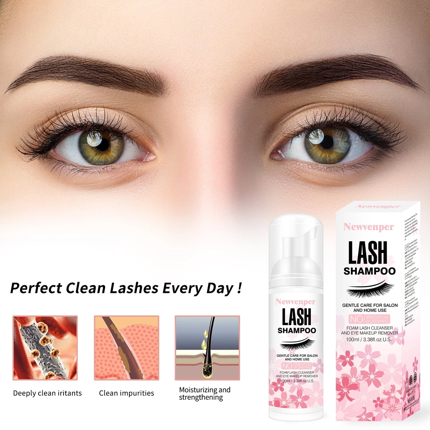 Lash Shampoo for Eyelash 100ML + Brush & Mascara Wand Eyelid Foaming Cleansing, Extension Cleanser Remover,Makeup Remover