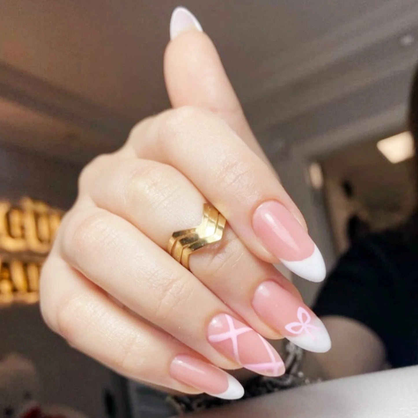 White French Short Press on Nails 3D Bowknot Designs Nude Color Fake Nails Artificial False Nails Tips for Woman DIY Manicure