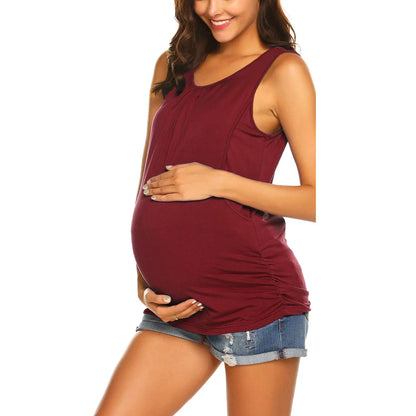 Maternity Tank Top Womens Nursing Shirt Casual Sleeveless Side Ruched Crew Neck Basic Nursed Vest Pregnancy Breastfeeding Tee