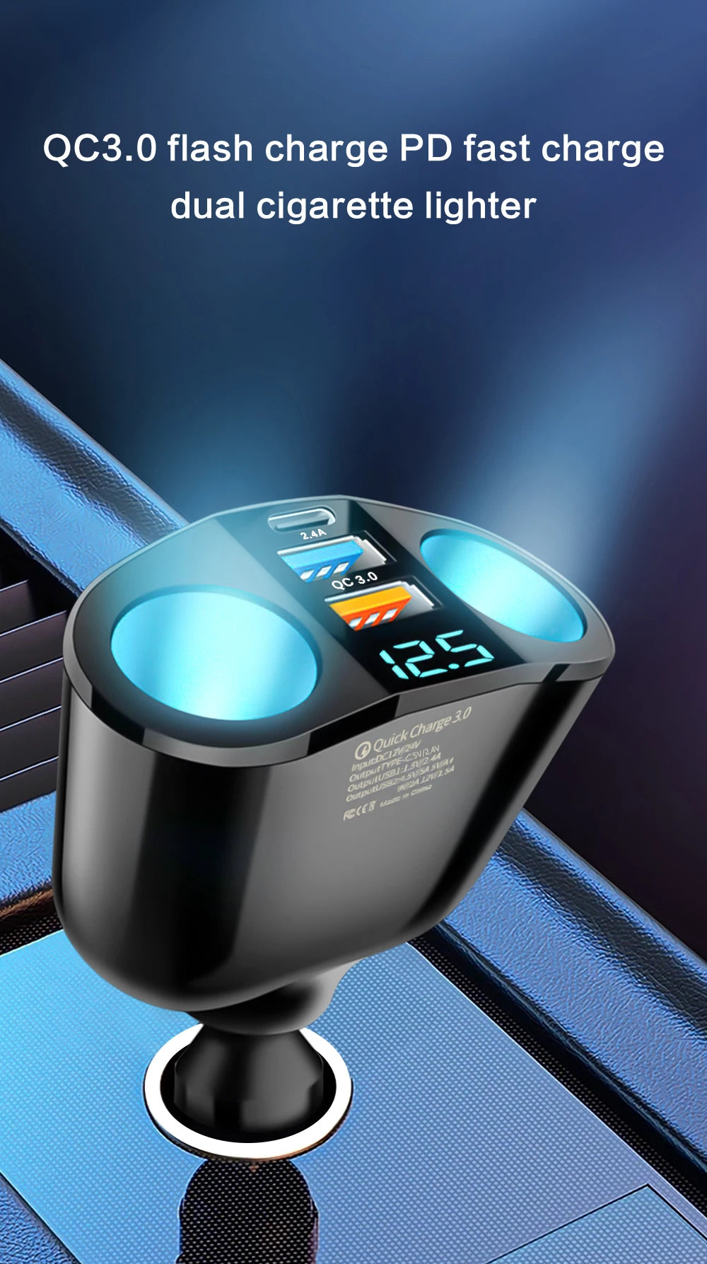 Multiple Devices Can Be Charged at the Same Time with Digital Display Car Charg Dual-port Car Charger Adapter