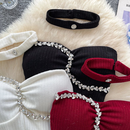 SINGREINY Strapless Sexy Ladies Top Summer Halter Beading Design Split Camisole Korean Skinny Streetwear Hotsweet Tank Top