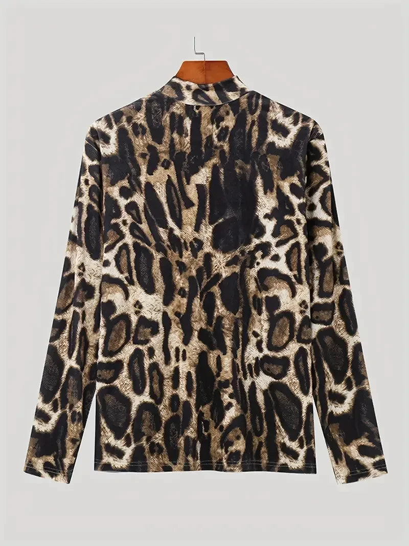 Mens T-shirt Long Sleeve Leopard Print Stretch Skinny Gym Shirt High Neck Base Shirt for Men