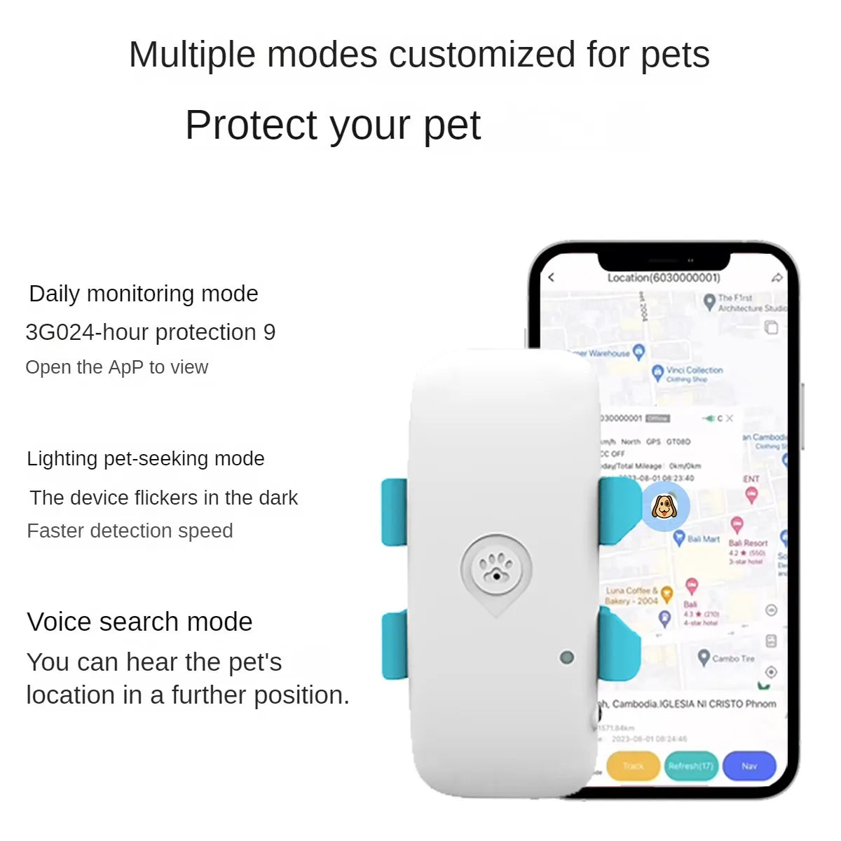 Pet GPS Tracking Locator, 4G, Global Cat and Dog, Remote Viewing App