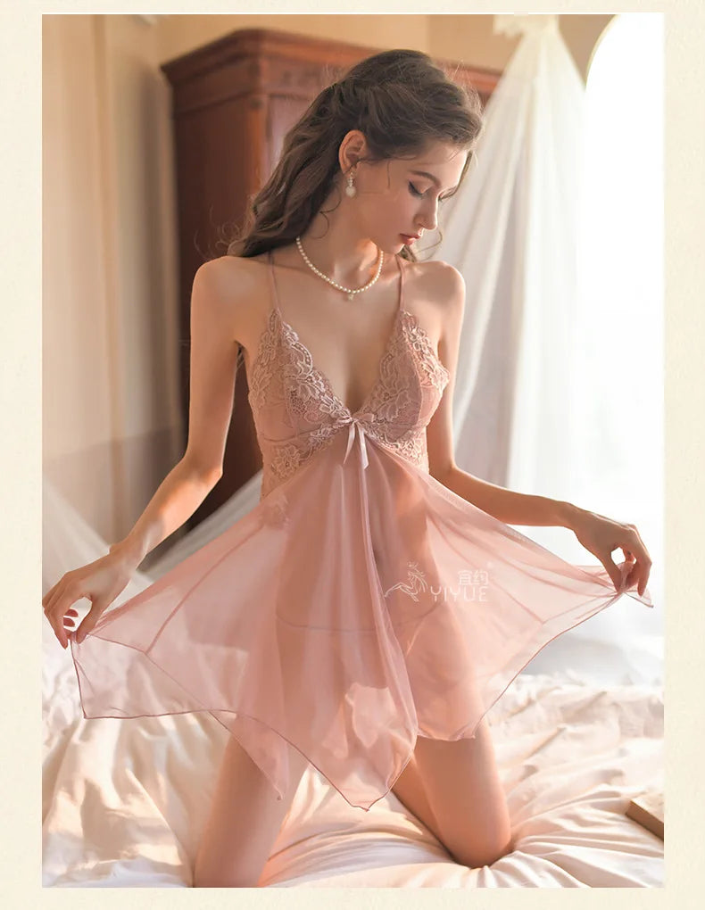 New Sexy Ladies Lace Camisole Nightgown Nightgown Homewear Sets Ladies Transparent Mesh Pajamas Erotic Lingerie Nightgowns
