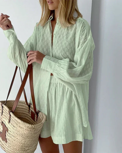 Casual Loose Women Short Two Piece Set Suit Fashion Blouse Long Sleeve Shirt Lady Simple Style Shorts Streetwear Blouse Tops