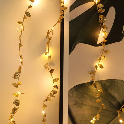 LED Golden Leaves String Light Battery-operated Garland For Living Room Bedroom Party Wedding New Year Birthday Party Decoration