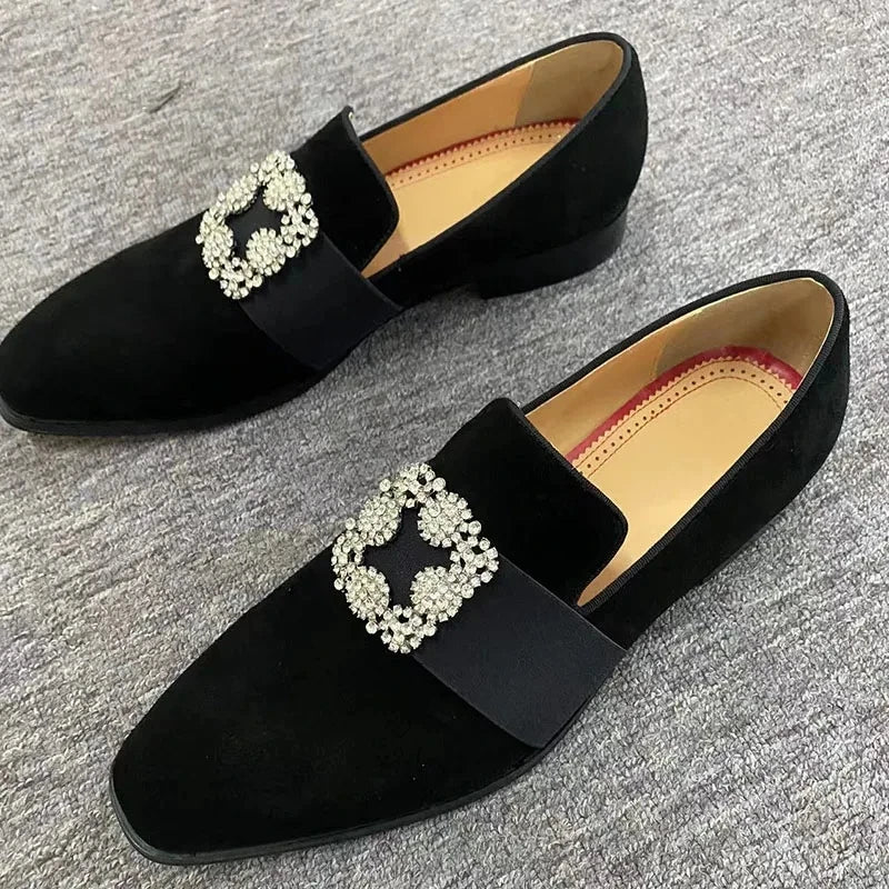 Silver Rhinestone Shoes Man Pointed Toe Black Real Suede Flats Male Fashion Wedding Shoes
