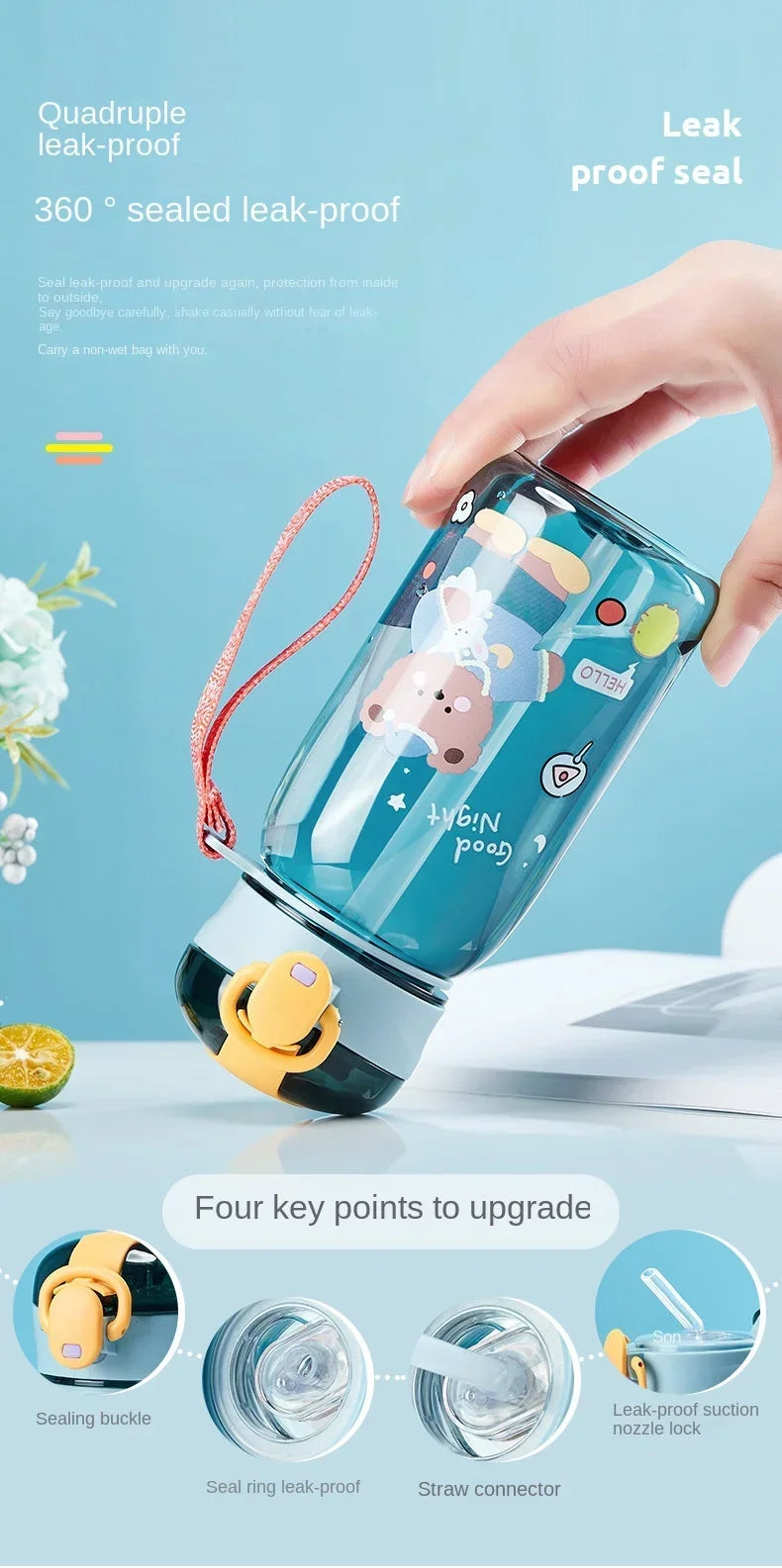 Kids Cartoon Water Sippy Cup with Straw Cute Bear Leakproof Water Bottles Outdoor Portable Drink Bottle Children's Lovely Cup