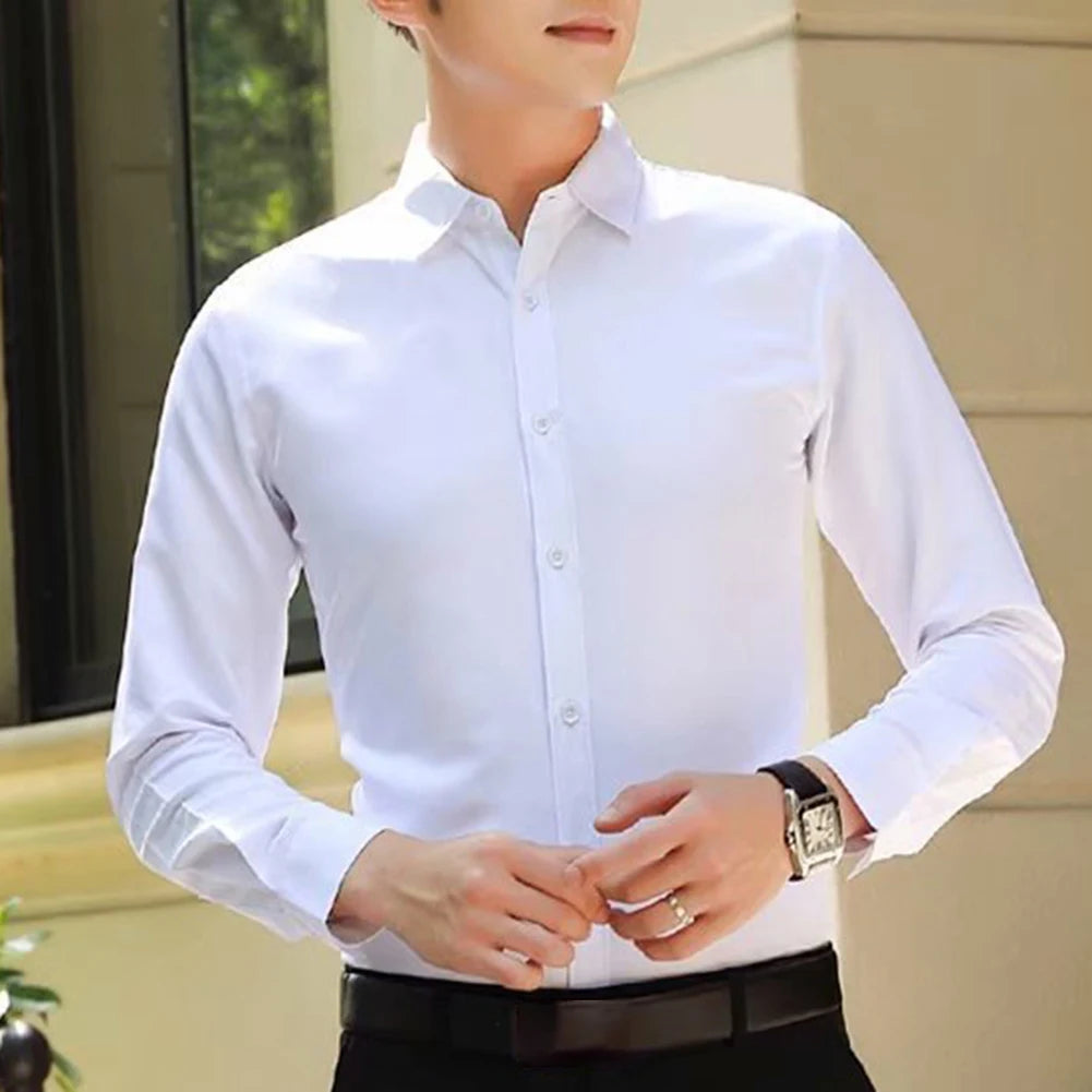 New Men\'s Long Sleeve Drill Button Shirts Tight Business Formal Social Wrinkle Lapel Casual Solid Simple Fashion Male T-shirts