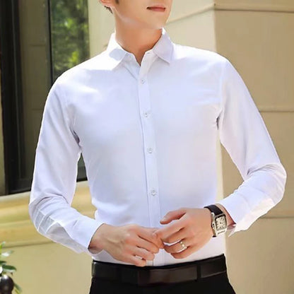 New Men\'s Long Sleeve Drill Button Shirts Tight Business Formal Social Wrinkle Lapel Casual Solid Simple Fashion Male T-shirts