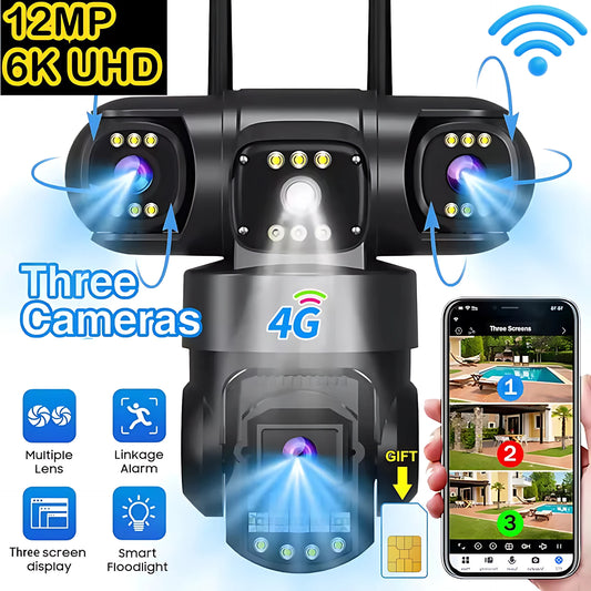 CCTV 3 Lens Video Surveillance Camera Wifi Network Camera 4G SIM Card Wireless 360 Monitor Outdoor Waterproof Security Cameras