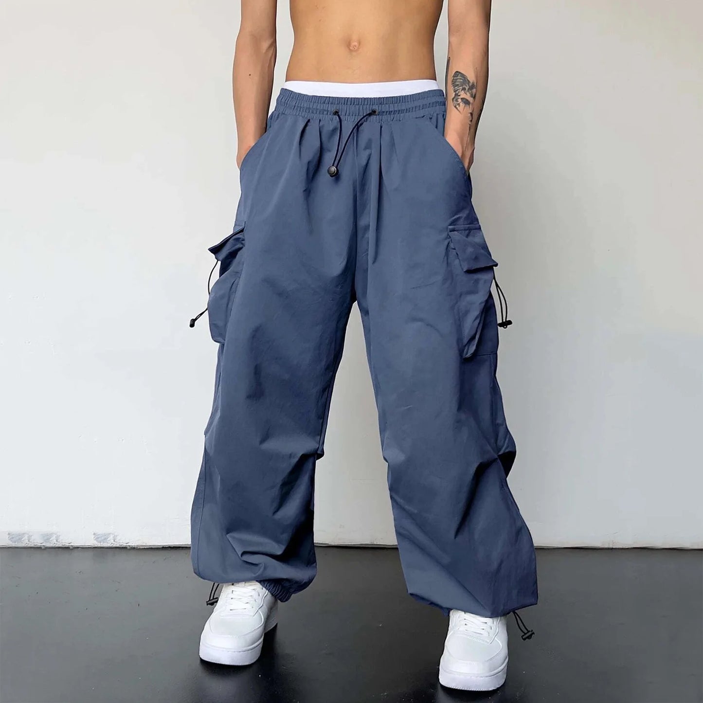 Mens Casual Sports Cargo Pants Woven Pocket Foot Rope Street Tie Solid Pants Mens Multi-Pockets Cargo Pants Pantalones Hombre