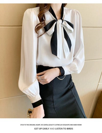 Elegant Office Blouses Women Chiffon Autumn Winter Korean Fashion Casual Streetwear Blusas Mujer Puff Sleeve Ladies Tops Shirts
