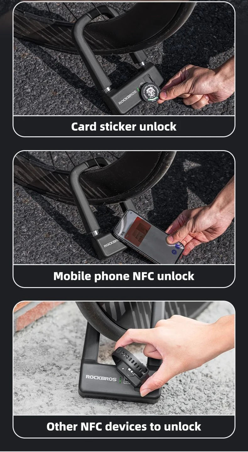 ROCKBROS Bicycle Smart Lock NFC Lock Aluminum Alloy High Strength Waterproof Anti-theft Safety U-Shape Lock MTB Road Bike Cyclin