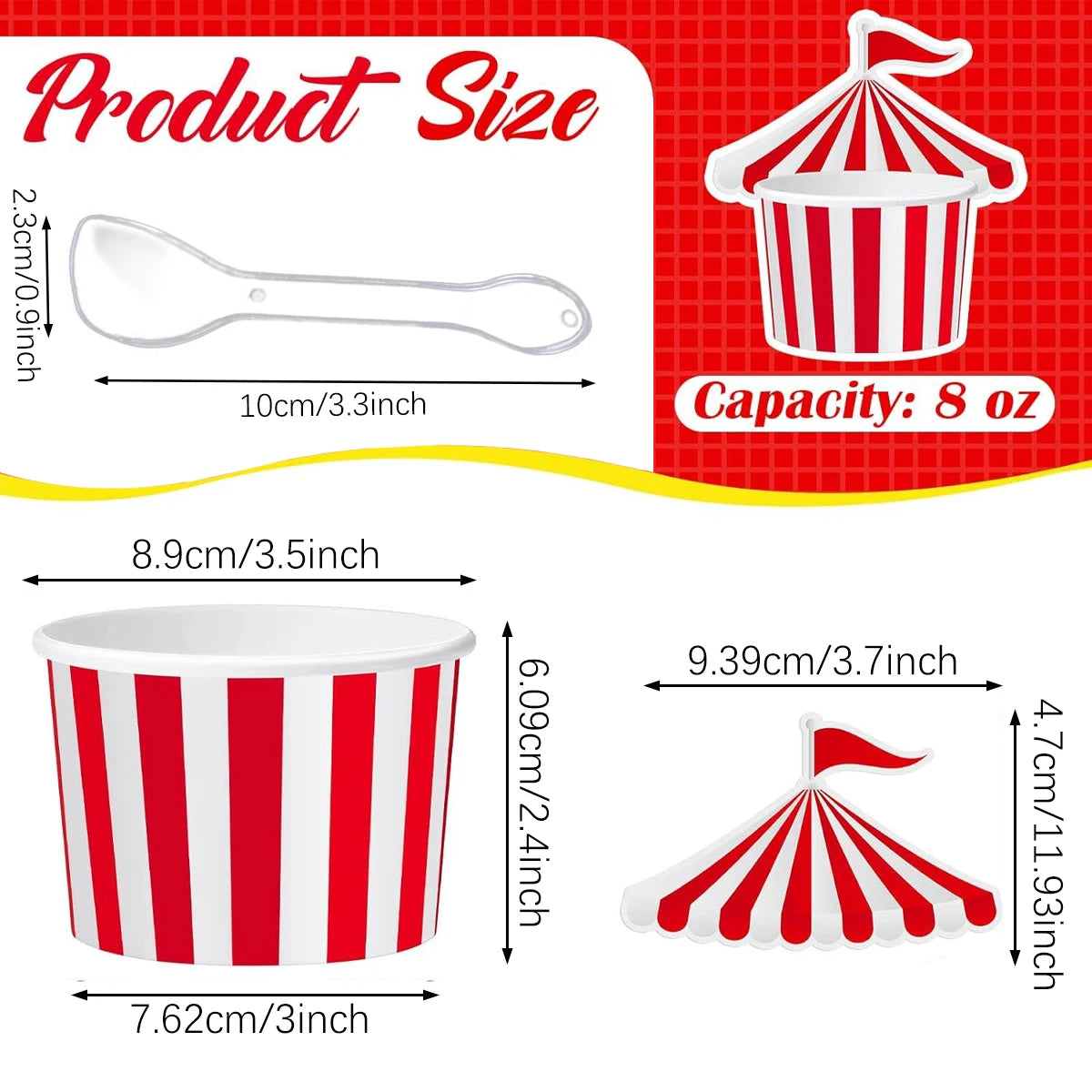 24Pcs Ice Cream Cups with 100 Spoons Carnival Party Circus Tent Shaped 8 oz Paper Carnival Cup Red White Striped Snack Cup Party