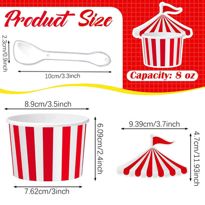 24Pcs Ice Cream Cups with 100 Spoons Carnival Party Circus Tent Shaped 8 oz Paper Carnival Cup Red White Striped Snack Cup Party