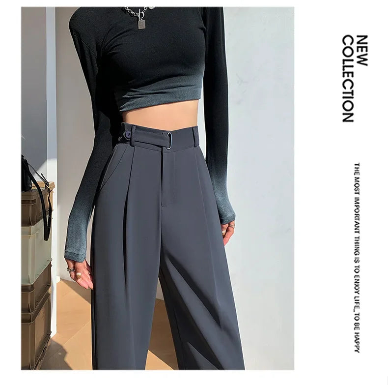 Office Ladies Casual Suit Wide Leg Pants Women Elegant 2025 Spring Summer Fashion Solid Color High Waist Loose Outwear Trousers