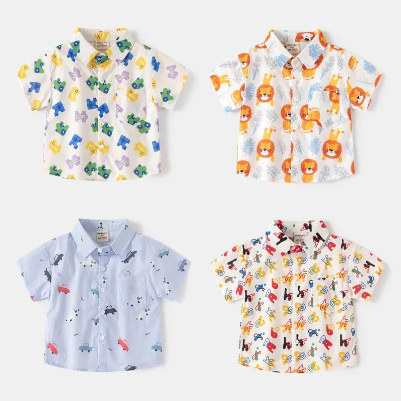 Fashion Baby Shirts 6 to 12 18 24 Months Toddler Boys Shirts Cotton Cars Lion Print Shirt for Boy Blue White Yellow Kids Clothes