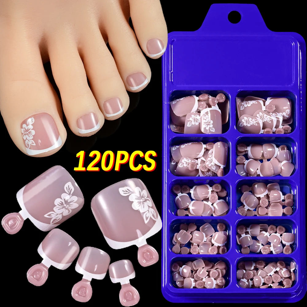 120Pcs French Short Square Artificial Press On Toenails Nude Pink Full Cover False Toe Nails Fake Toe Nail Extension For Women