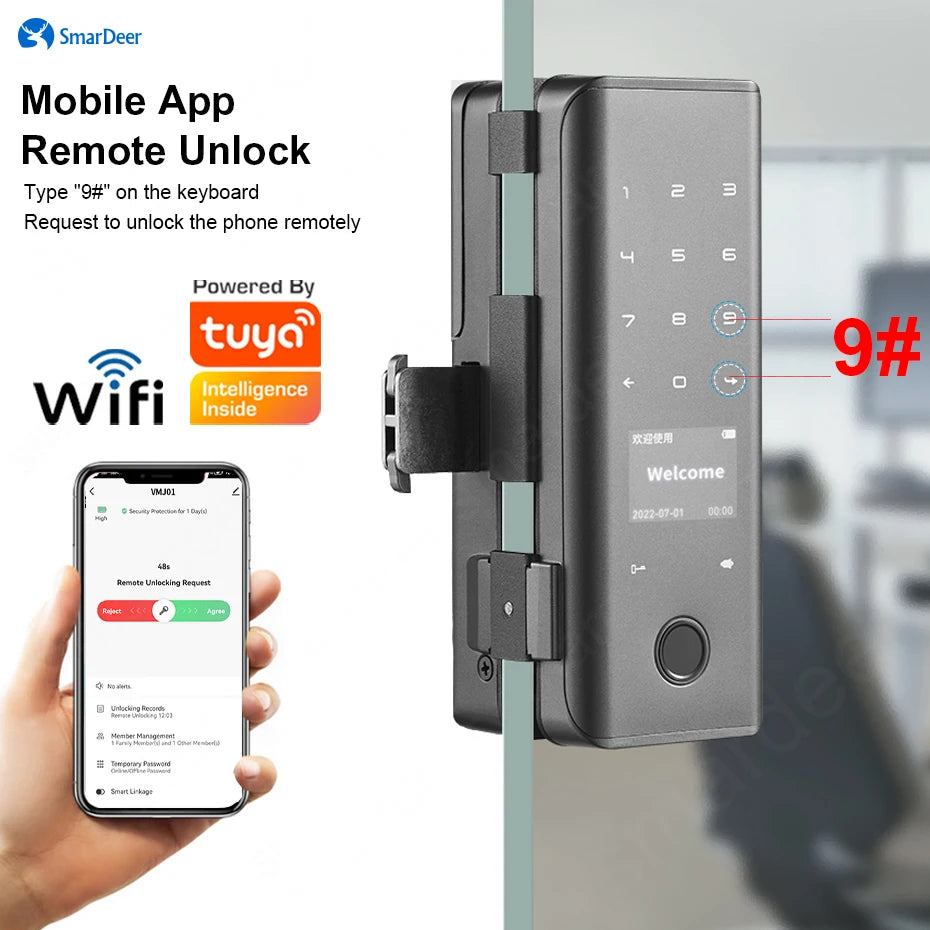 SmarDeer smart Lock with Sliding glass door Fingerprint Lock for Tuya Smart Home Aluminum Glass Door Electronic Lock