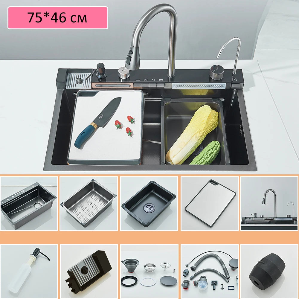 304 Stainless Steel Waterfall Kitchen Sink Large Single Slot Integrated Digital Display Faucet Set Soap Dispenser Cup Washer