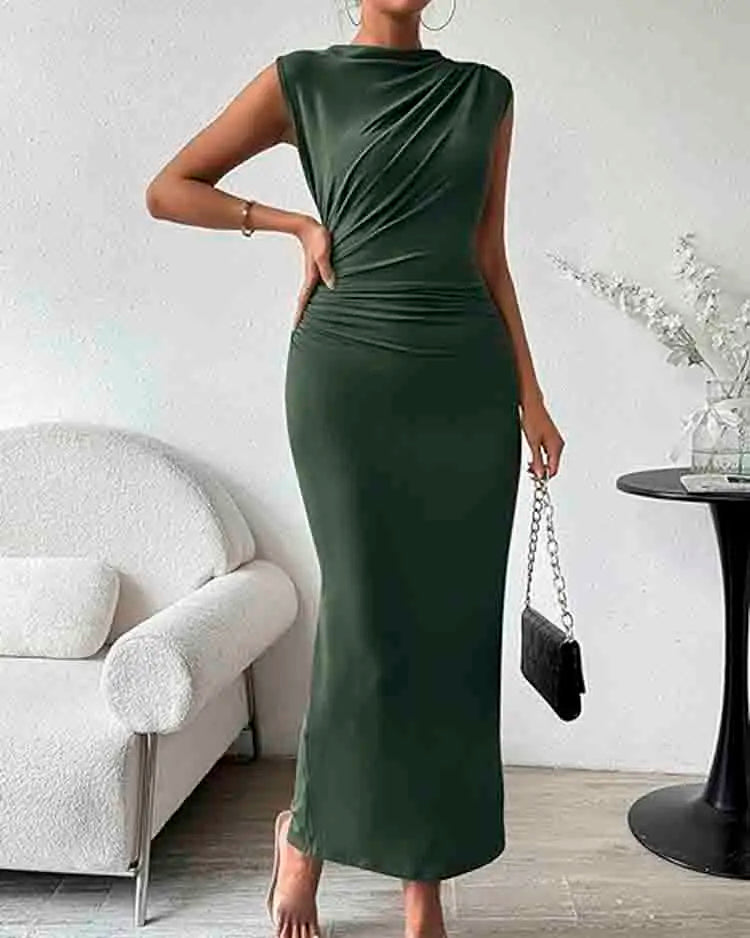 Women's Ruched Bodycon Dress Summer Casual Sleeveless Back Slit Elegant Club Evening Party Cocktail Maxi Dresses