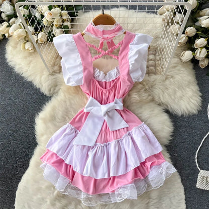 Women Lolita Summer Mini Dress Y2k Servant Low Cut Lace Patchwork Mini Dress Birthday Cocktail Role Play Maid Short Dresses