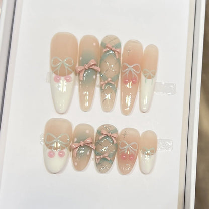 Gentle Nude Handmade Press On Nails With 3D Bowknot Decor Reusable Adhesive False Nails 10pcs Short Long Almond Shape Fake Nails