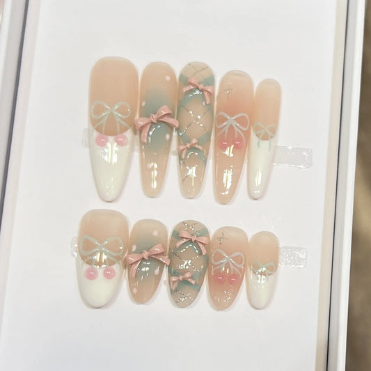 Gentle Nude Handmade Press On Nails With 3D Bowknot Decor Reusable Adhesive False Nails 10pcs Short Long Almond Shape Fake Nails