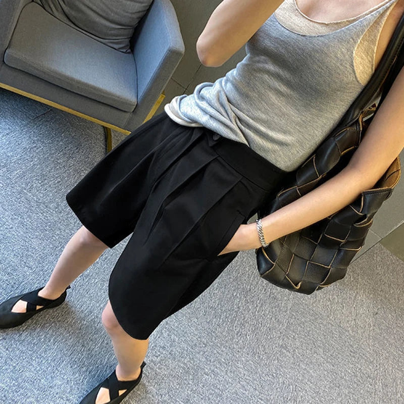 Korean Office Suits Shorts for Women Fashion Double-buttons High Waist Knee-length Pants Woman 2023 Summer Casual Short