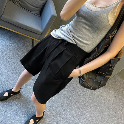 Korean Office Suits Shorts for Women Fashion Double-buttons High Waist Knee-length Pants Woman 2023 Summer Casual Short