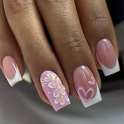 Pink French Style False Nails White Flower Printed Short Square Head Press on Nails Simple Wearable Artificial Nails Art 24Pcs