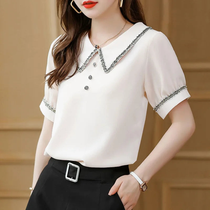 Top for Woman Office Outfits Clothing Black Women's Shirts and Blouses Chiffon Wear To Work Formal Collar Short Sleeve New 2024