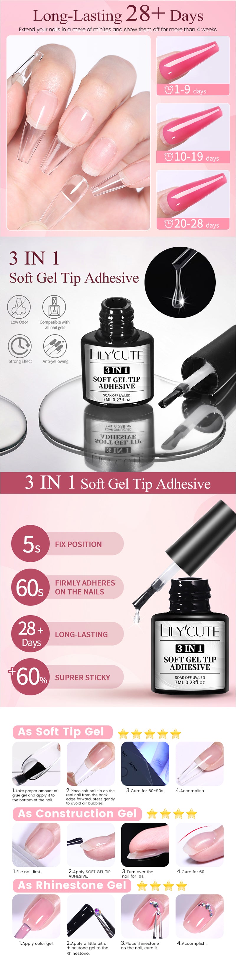LILYCUTE 7ML Soft Gel Tip Adhesive Glue For False Tips Extend Press On Nails Nail Art Long Lasting Soak Off UV Gel Nail Polish