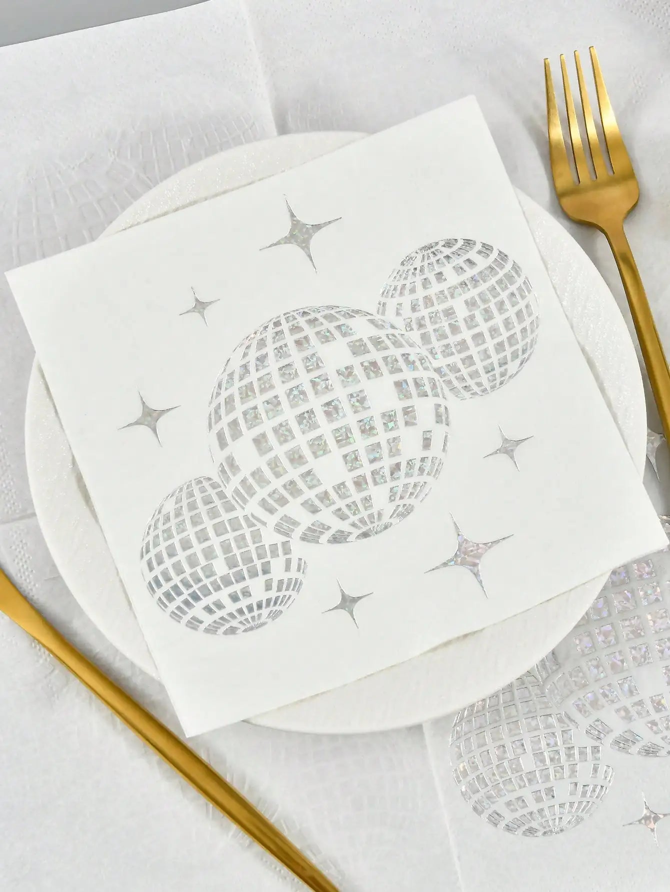 20 disposable silver-printed disco party cocktail napkins, party tableware, birthday engagement graduation party decorations