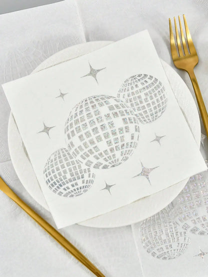 20 disposable silver-printed disco party cocktail napkins, party tableware, birthday engagement graduation party decorations