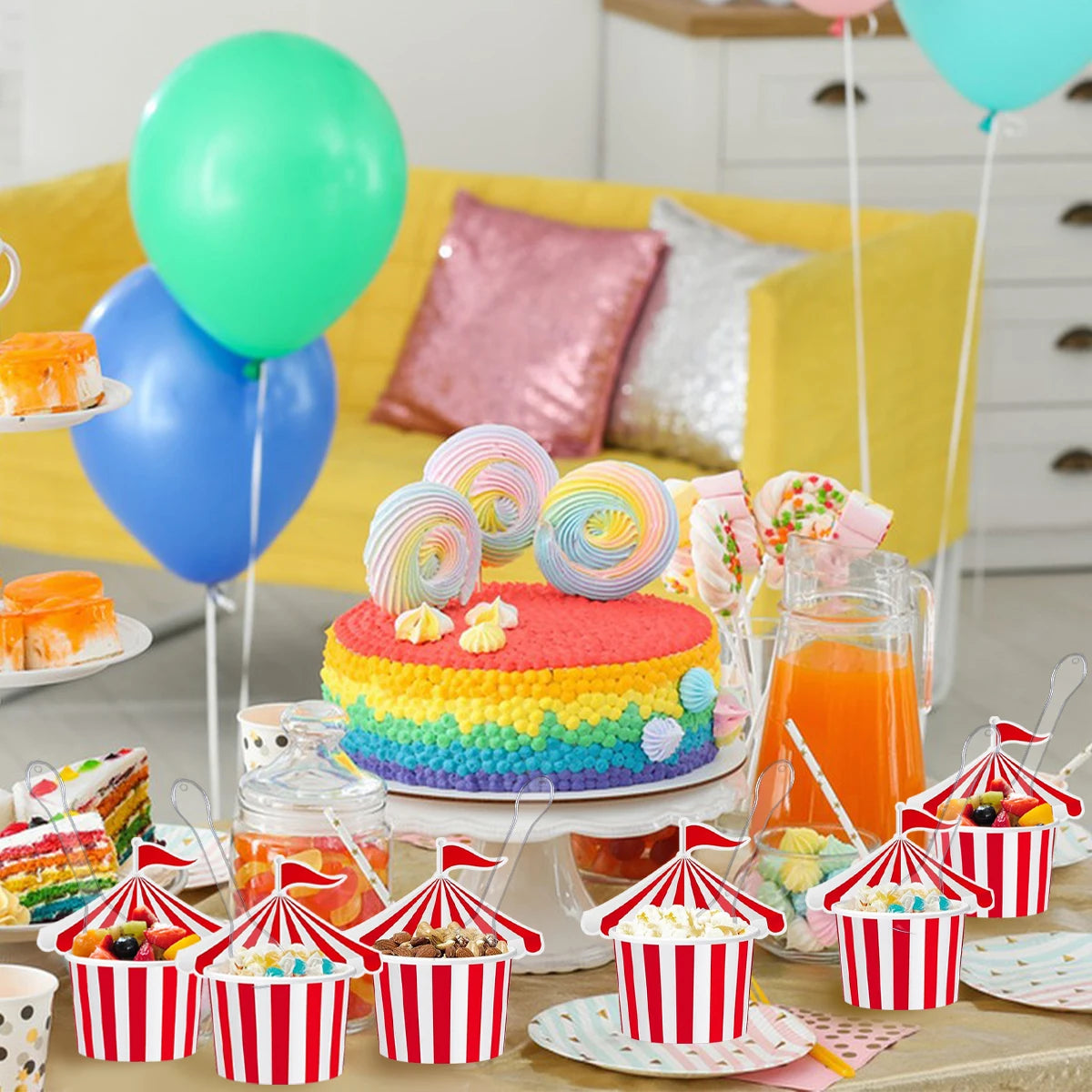 24Pcs Ice Cream Cups with 100 Spoons Carnival Party Circus Tent Shaped 8 oz Paper Carnival Cup Red White Striped Snack Cup Party
