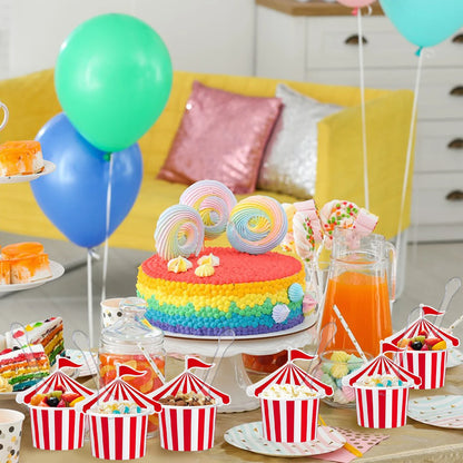 24Pcs Ice Cream Cups with 100 Spoons Carnival Party Circus Tent Shaped 8 oz Paper Carnival Cup Red White Striped Snack Cup Party